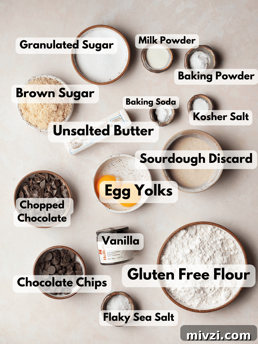 a collage of ingredients needed to make Gluten Free Sourdough Discard Chocolate Chip Cookies with brown butter