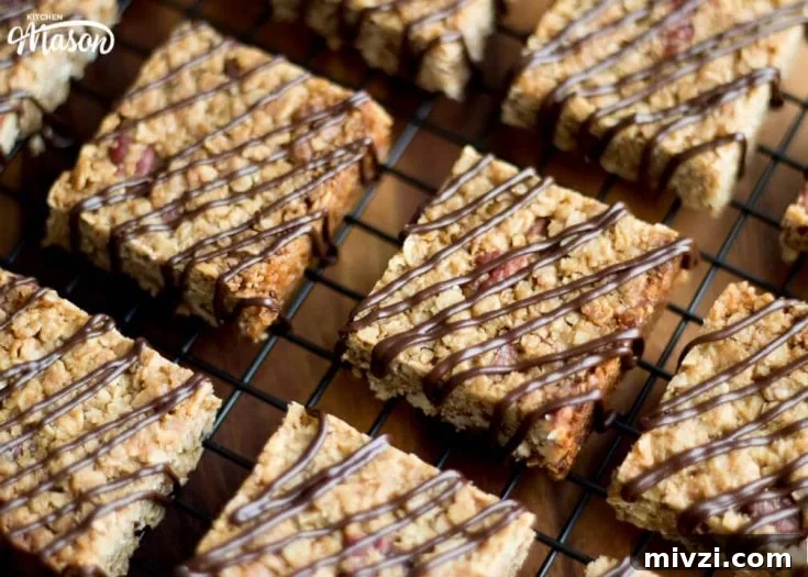 Maple pecan flapjacks drizzled with chocolate