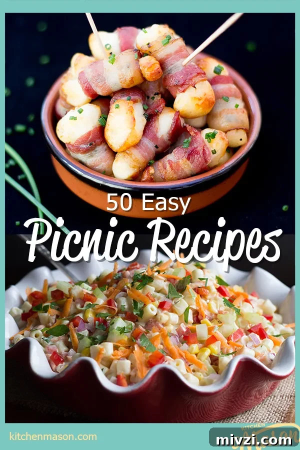 Bacon halloumi bites and rainbow pasta salad with overlay text "50 easy picnic recipes"