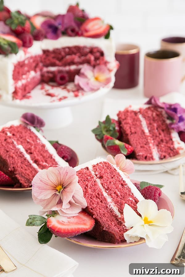 Pink Velvet Cake Recipe with Simple Decorating Tips 4 Side on shots of slices of pink velvet cake