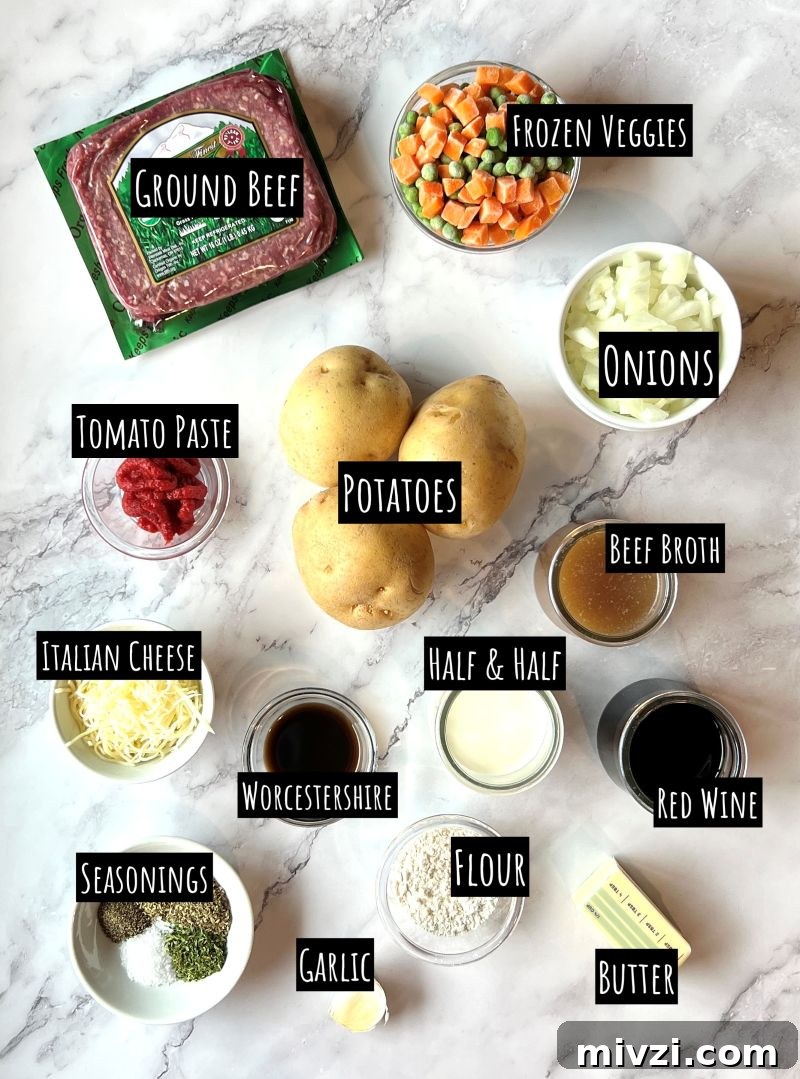Classic Shepherd's Pie Recipe with Savory Beef and Mashed Potato Topping 2 Ingredients displayed for shepherd's pie. Ground beef, frozen peas and carrots, onions, yellow potatoes, tomato paste, half and half, Italian cheese, Worcestershire, beef broth, red wine, flour, butter, seasonings, and garlic.