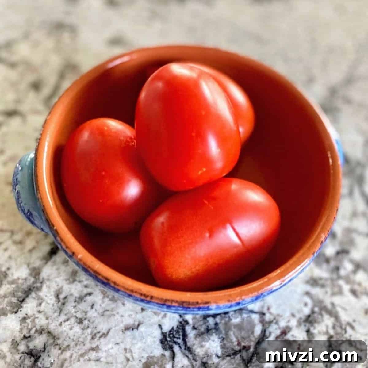 Roma tomatoes in a bowl on the counter. 