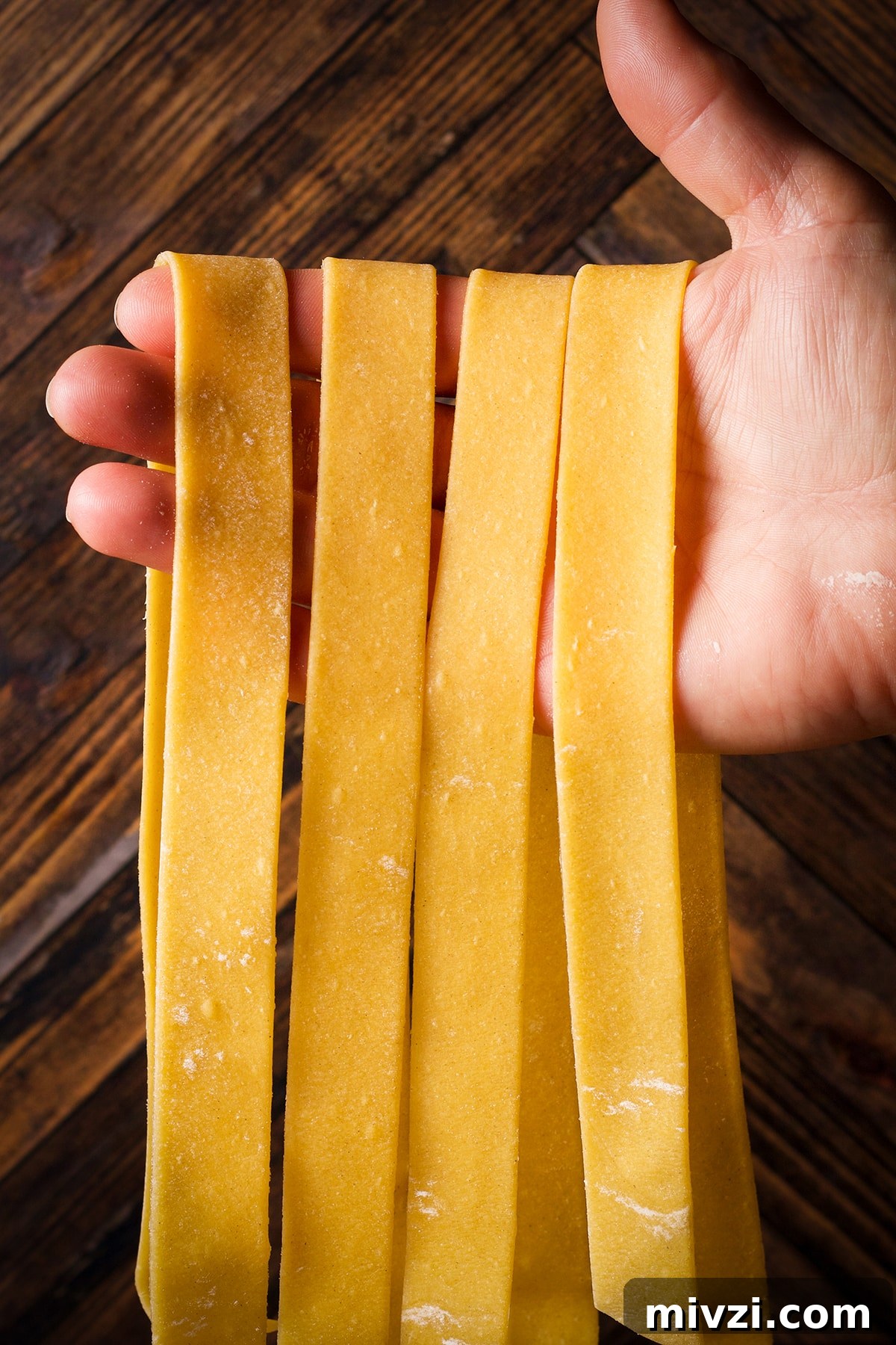 Homemade Pappardelle Recipe: Fresh Pasta from Scratch 2 Holding up several homemade pappardelle noodles .