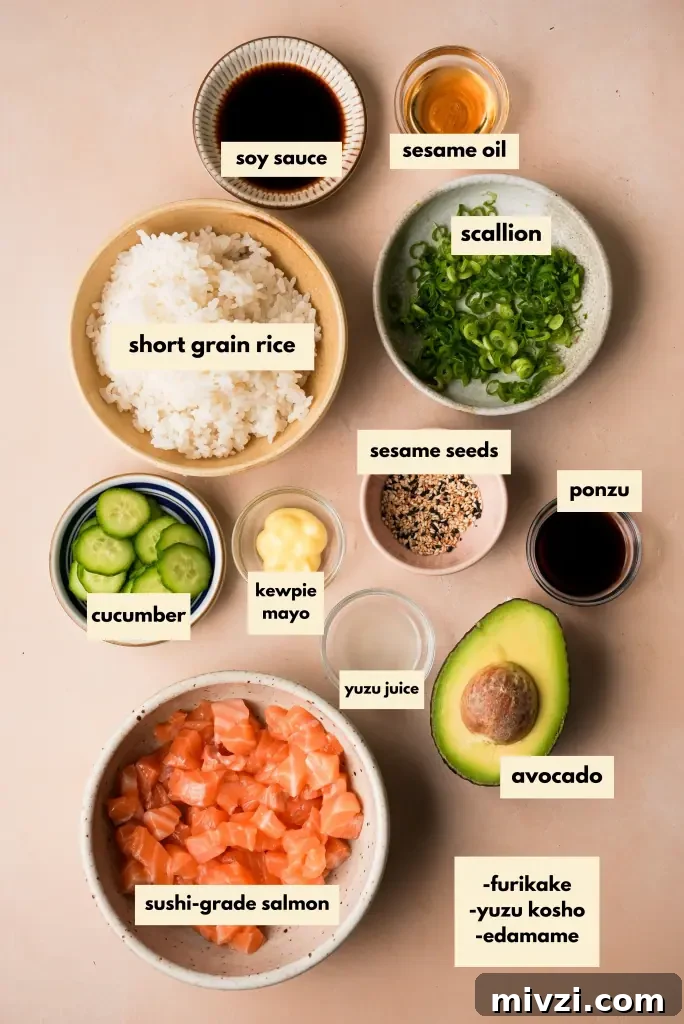 labeled ingredients for salmon poke bowl