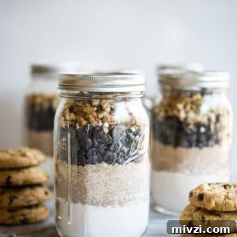 Gluten-Free Chocolate Chip Cookie Mix — Homemade Taste, Ready to Bake 4 Gluten free chocolate chip cookie mix in mason jars on a marble slab surrounded by chocolate chip cookies