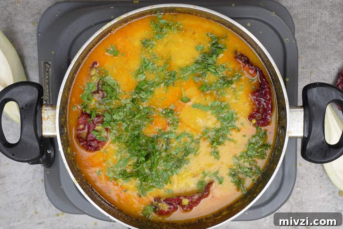 Tangy Raw Mango Dal Recipe for Flavorful Indian Lentils 11 Ready green mango dal garnished with cilantro.
