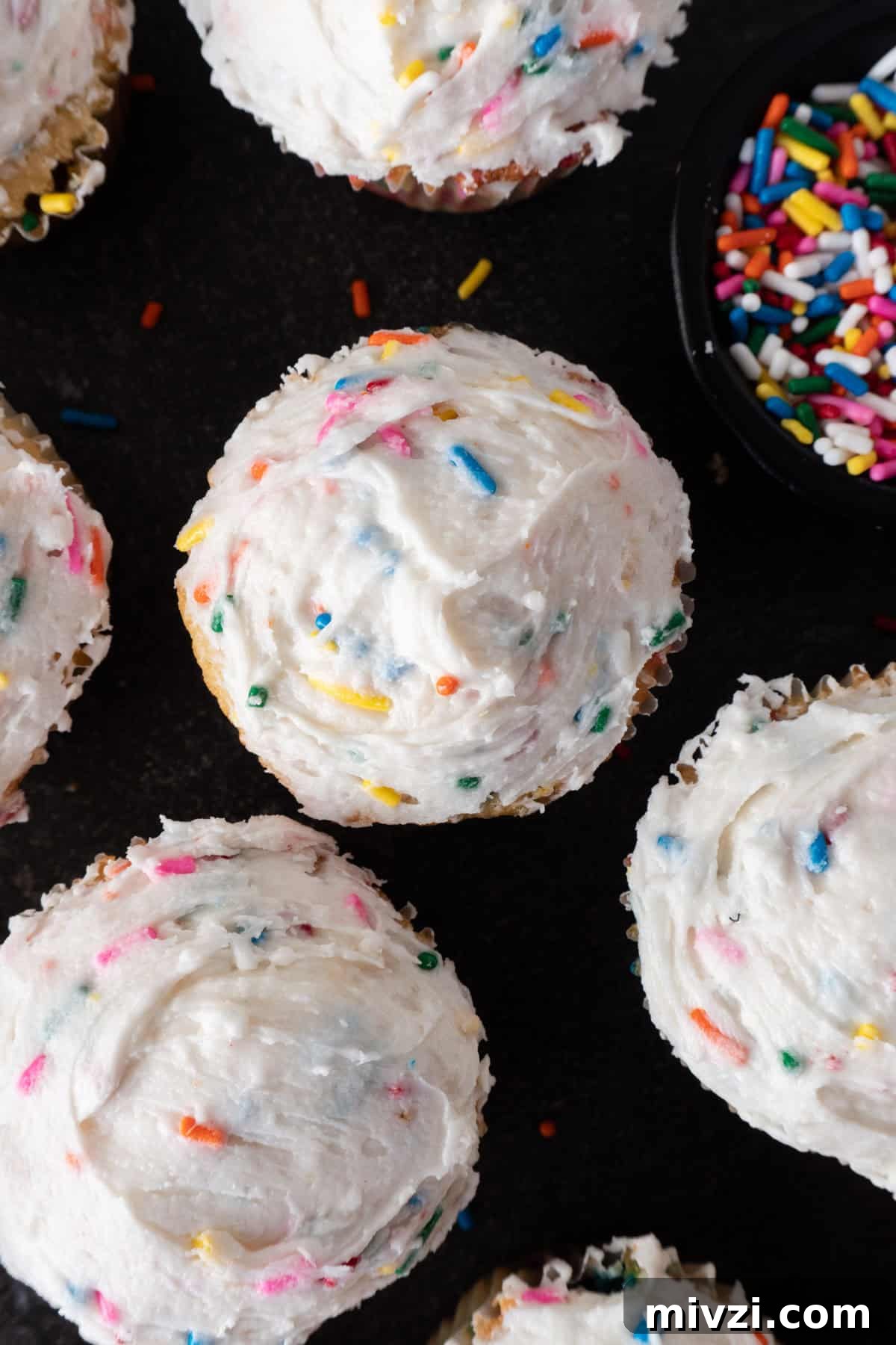 Delicious Birthday Cupcake Recipes for Any Celebration 13 funfettie birthday cupcakes on black background.