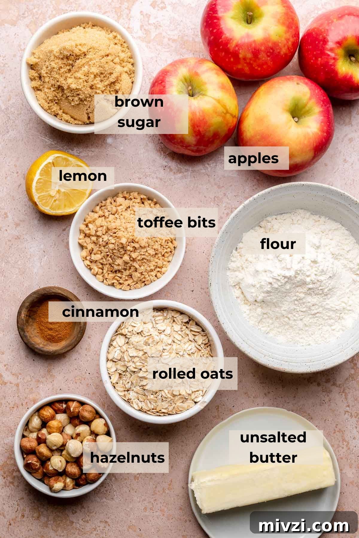 Ingredients for toffee apple hazelnut crumble.