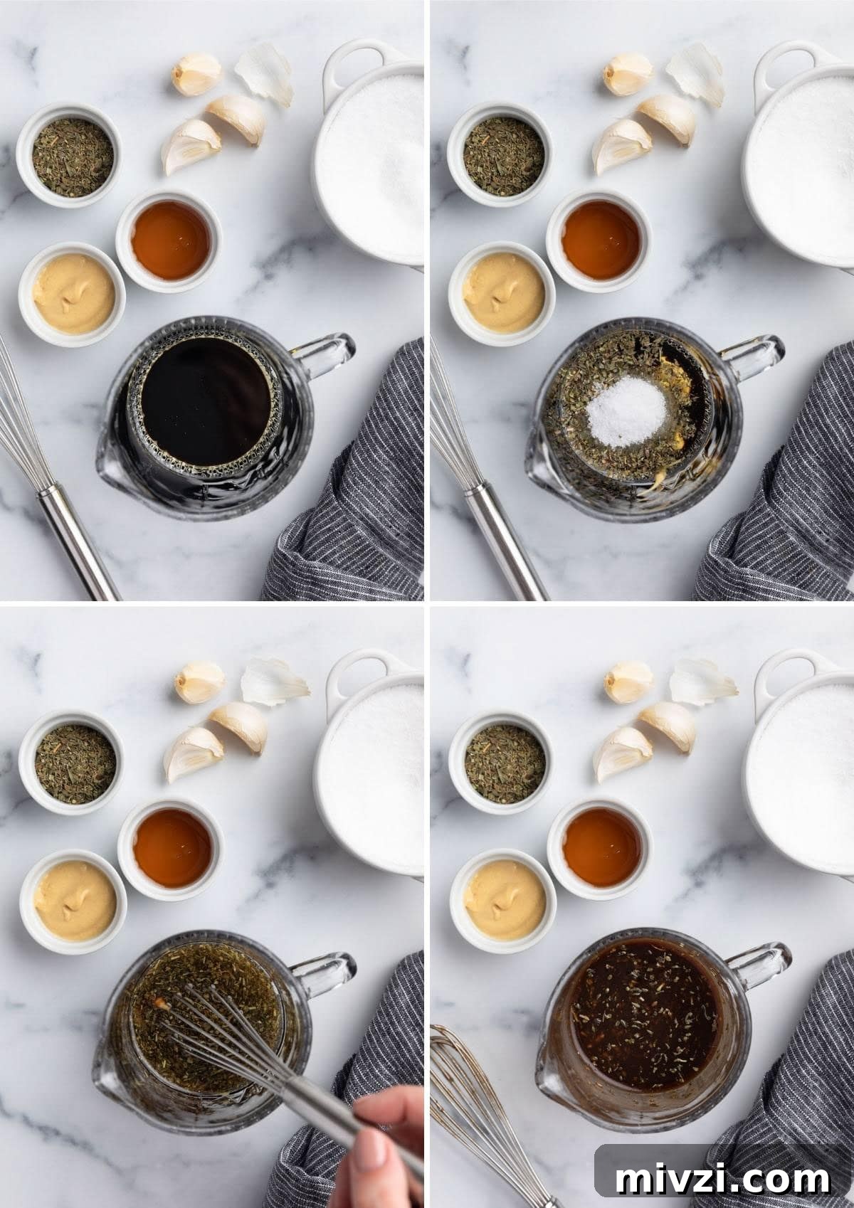 Balsamic-Marinated Chicken Breasts for Juicy Weeknight Meals 4 four overhead photos showing the process of whisking balsamic marinade in a glass measuring cup