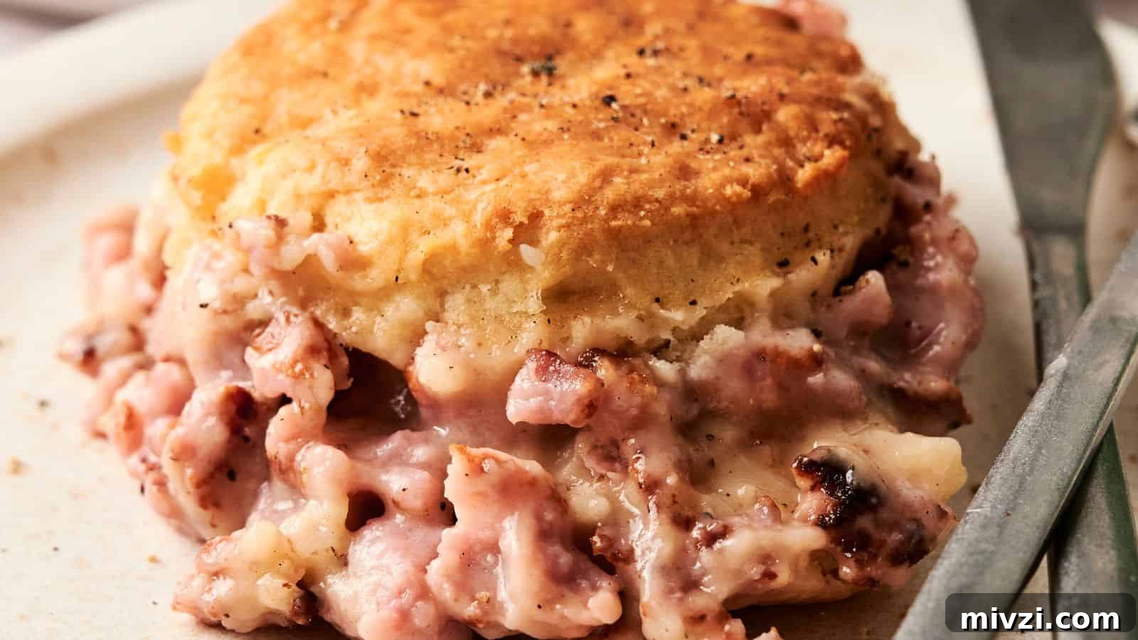 35 Comforting Casserole Recipes to Rely on Tonight 11 Close-up of a savory biscuit with a creamy ham filling, looking like a gourmet twist on a Biscuits and Gravy Casserole, served elegantly on a plate.