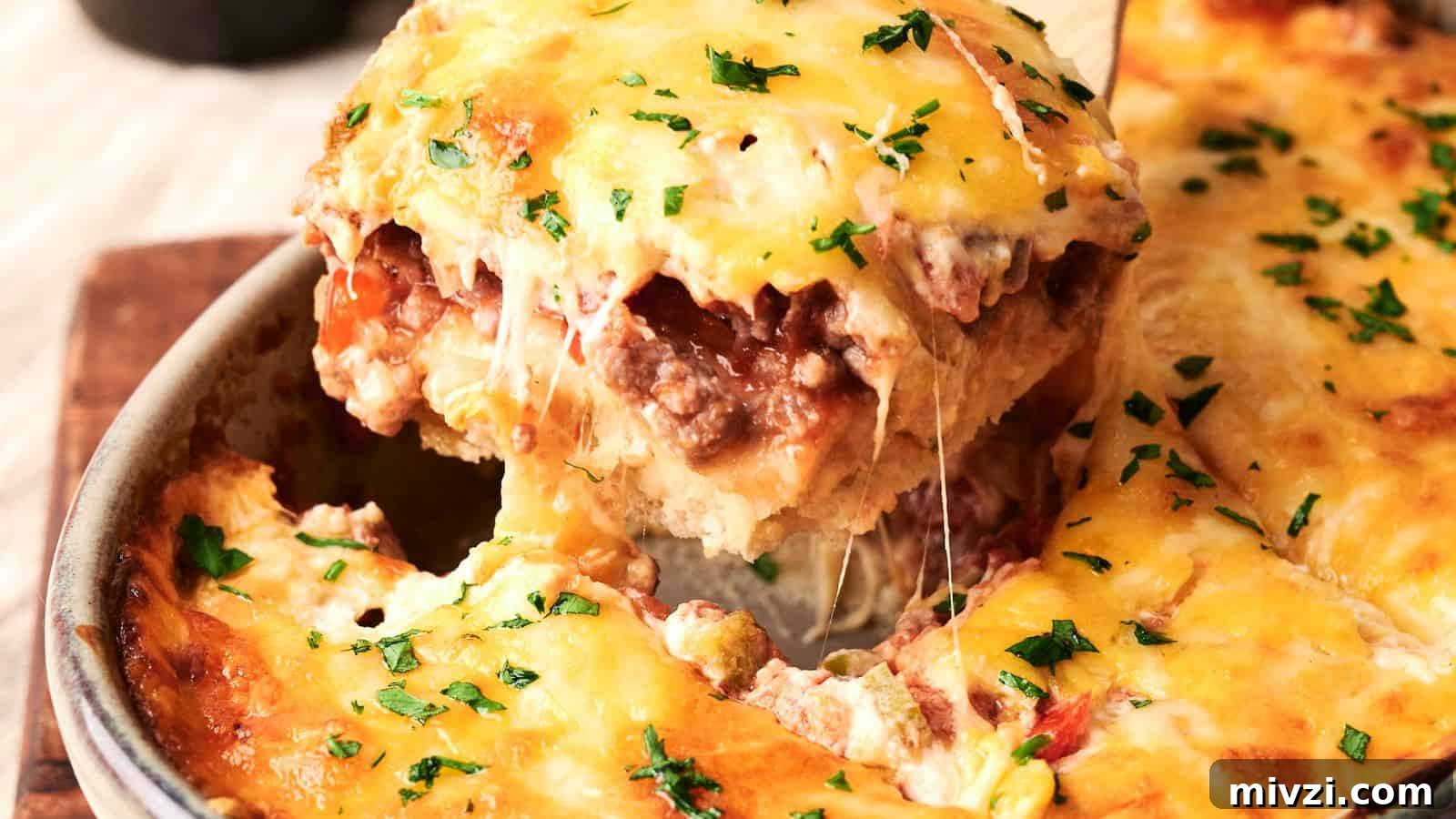 35 Comforting Casserole Recipes to Rely on Tonight 26 A slice of cheesy lasagna being lifted from a baking dish, topped with melted cheese and parsley.