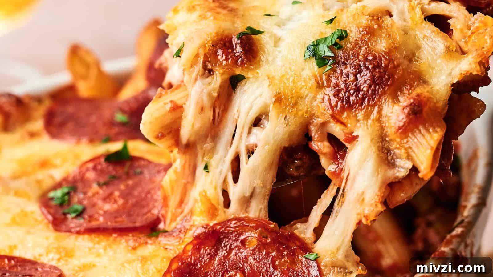 35 Comforting Casserole Recipes to Rely on Tonight 28 A close-up of a baked pasta dish with melted cheese, pepperoni slices, and herbs, showing a serving being lifted, revealing gooey cheese strands.