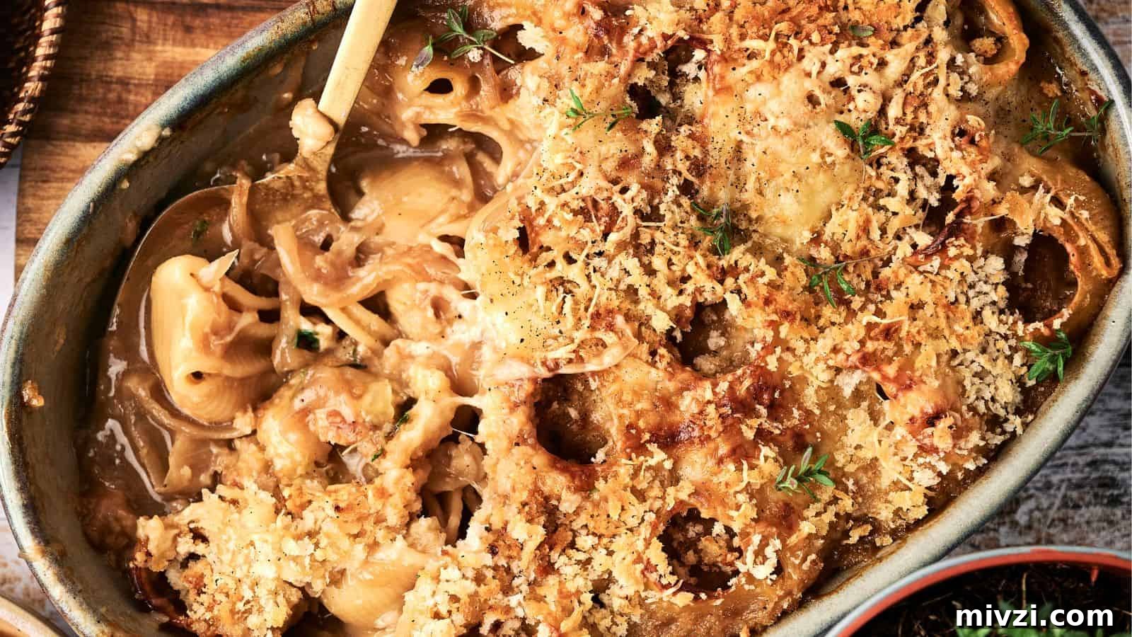 35 Comforting Casserole Recipes to Rely on Tonight 5 A baked casserole dish filled with creamy macaroni and cheese, topped with a golden-brown breadcrumb crust and garnished with fresh herbs.