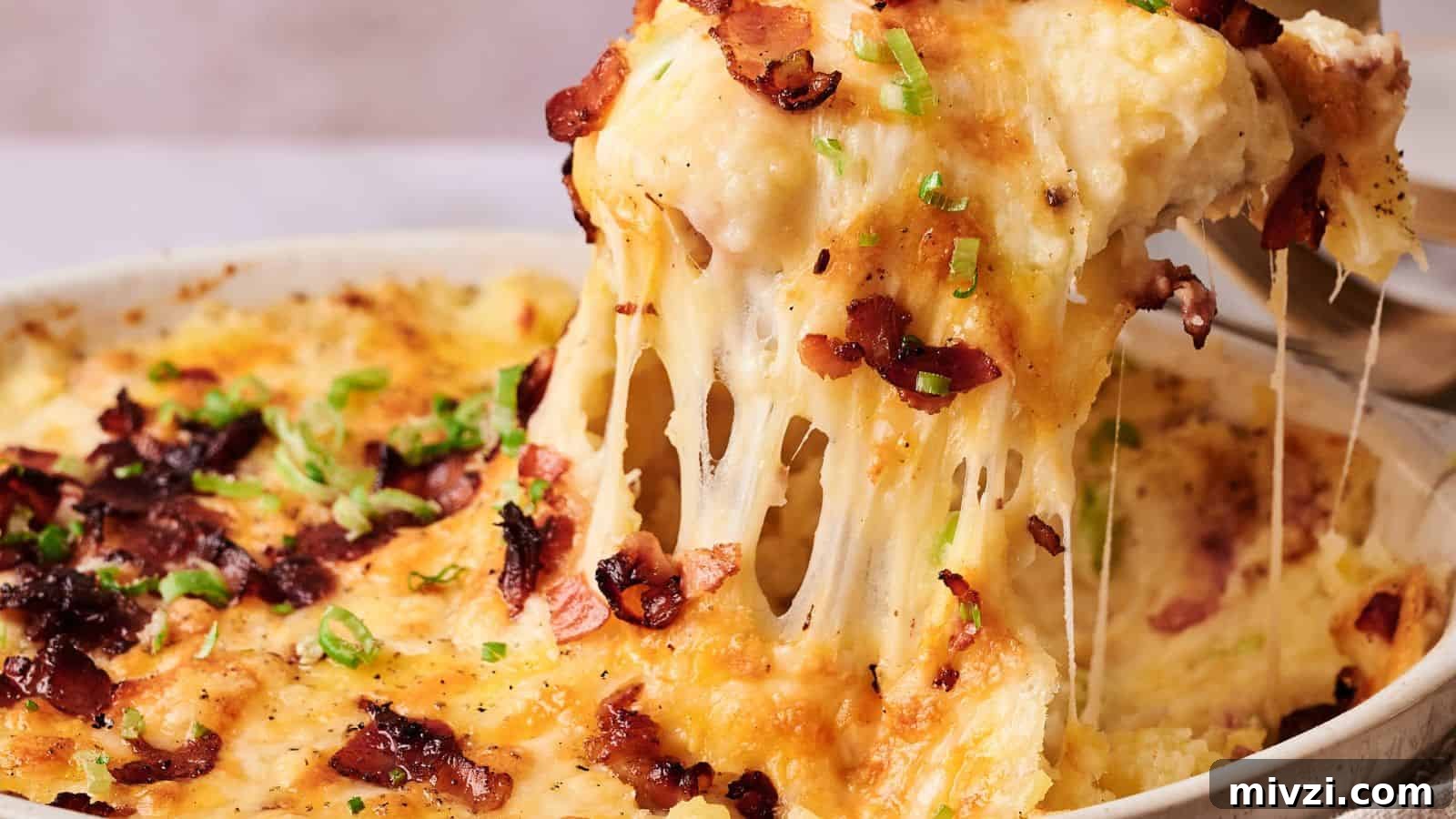 35 Comforting Casserole Recipes to Rely on Tonight 9 A close-up of a cheesy, baked casserole topped with bacon and chopped green onions, with a serving being lifted out, showing melted cheese stretching.