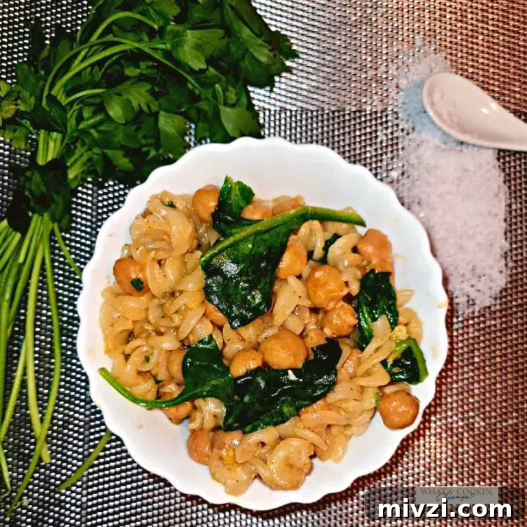 finish product of Chickpea Pasta with Spinach