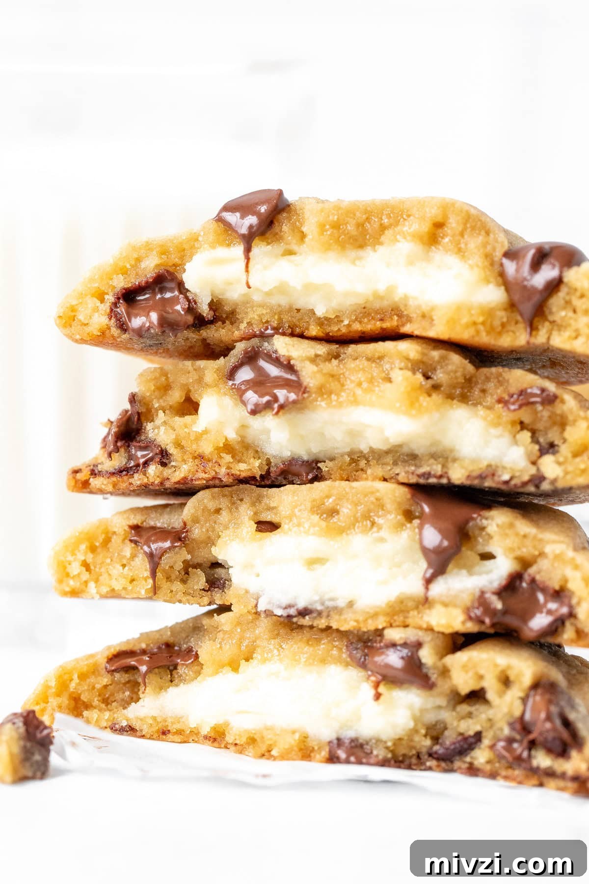 4 half cream cheese stuffed chocolate chip cookies, on top of each other