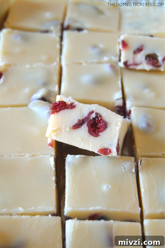 Creamy White Chocolate Cranberry Fudge Recipe 3 Arrangement of white chocolate cranberry fudge pieces