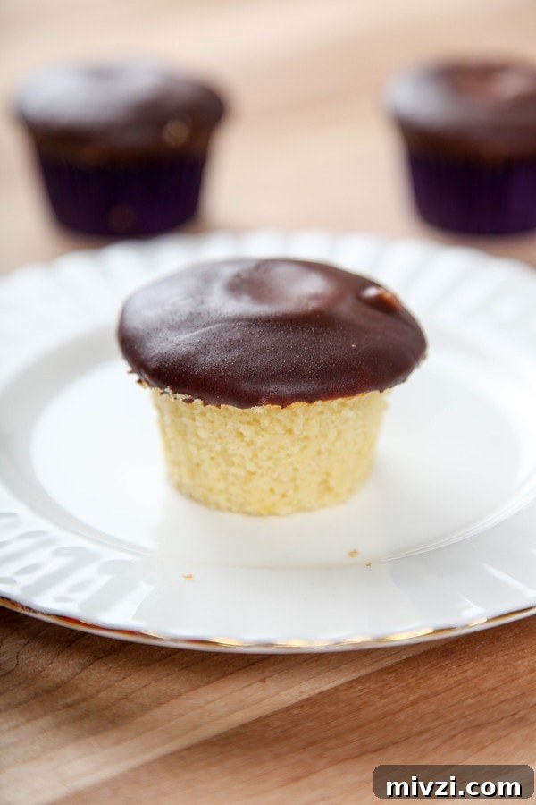 Boston Cream Pie Cupcakes Recipe with Vanilla Custard Filling 12 a cupcake on a white plate with gold edging with more cupcakes in the background.