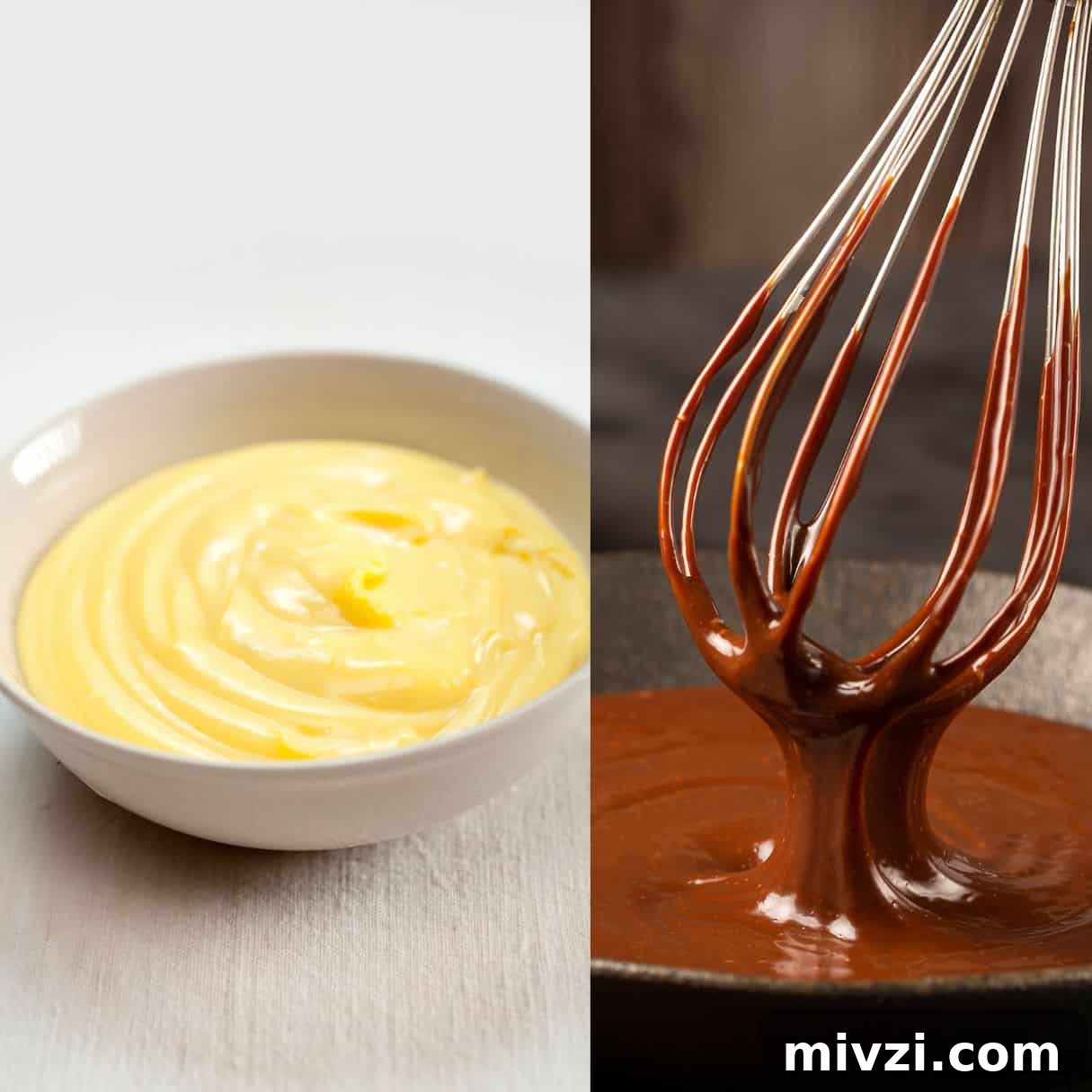 Boston Cream Pie Cupcakes Recipe with Vanilla Custard Filling 4 a bowl of pastry cream on the left and a whisk with chocolate ganache on the right.