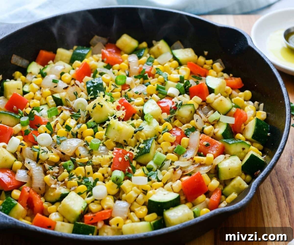 Confetti Corn: Colorful Baked Corn Recipe with Rainbow Veggies 2 A skillet of confetti corn steaming from just coming off the stove.