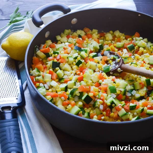 Confetti Corn: Colorful Baked Corn Recipe with Rainbow Veggies 7 sautéed vegetables, a lemon and zester.