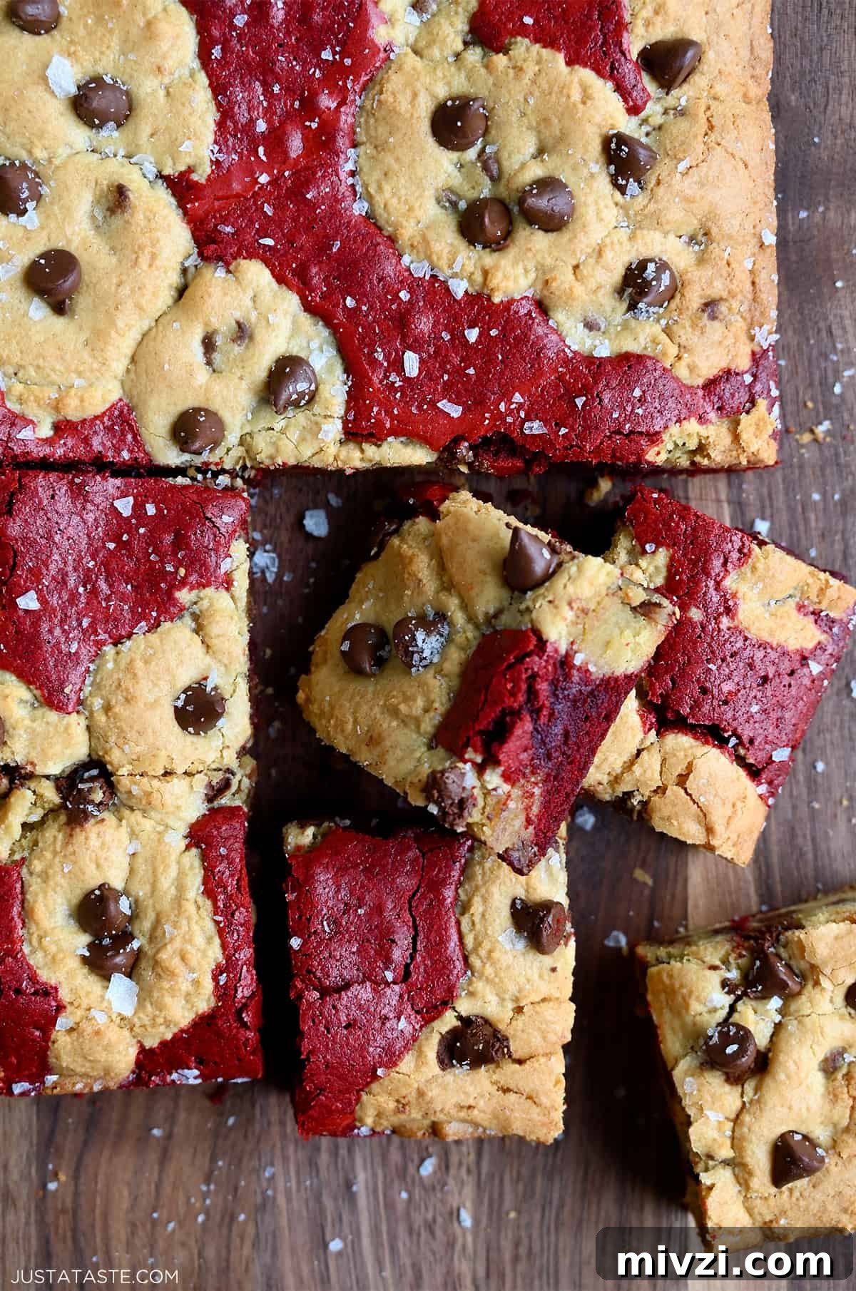 Romantic Valentine’s Day Dessert Ideas and Recipes 13 Sliced red velvet brookies studded with chocolate chips and sprinkled with large-flake sea salt.
