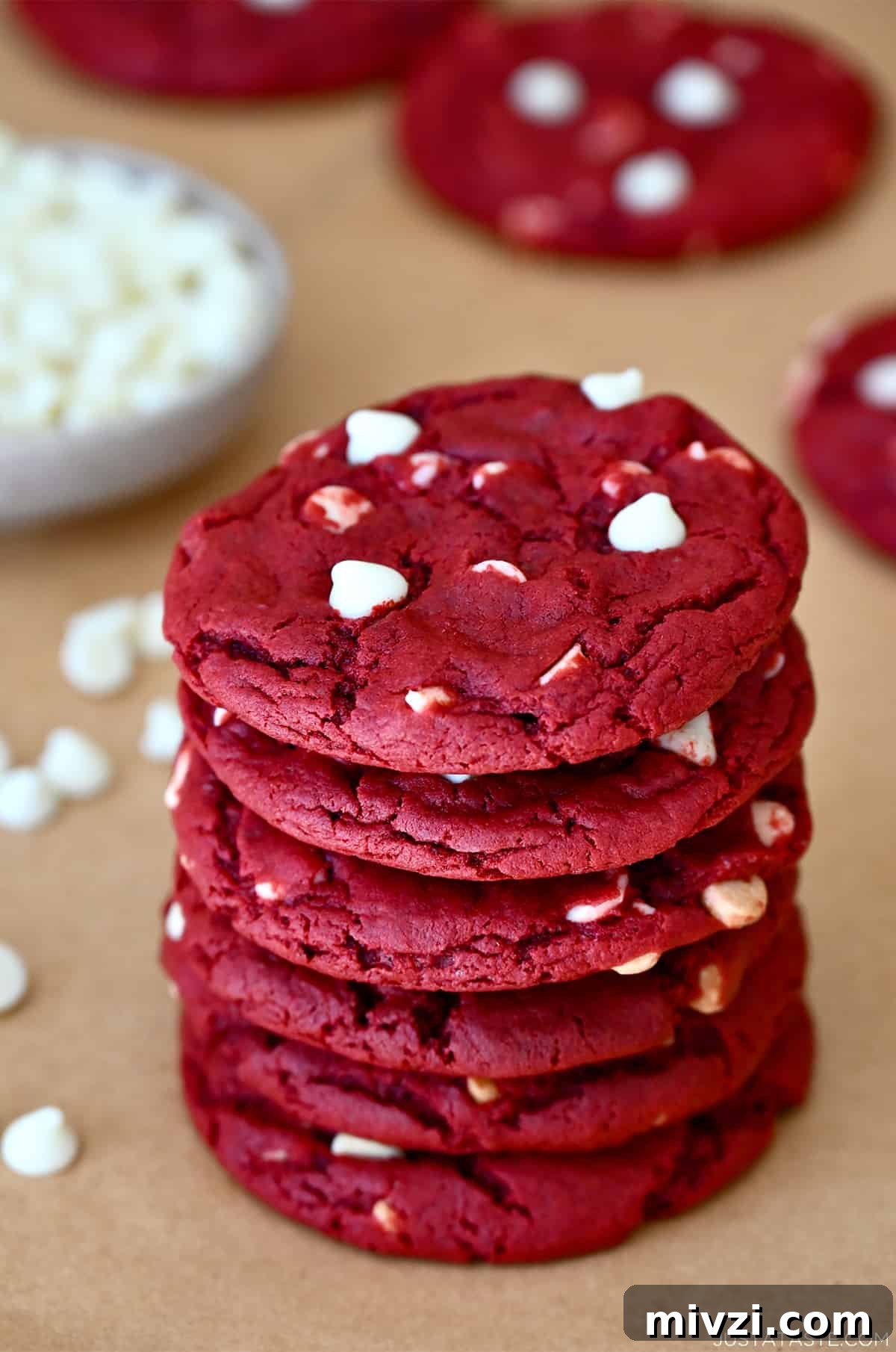 Romantic Valentine’s Day Dessert Ideas and Recipes 6 A stack of red velvet cookies studded with white chocolate chips.