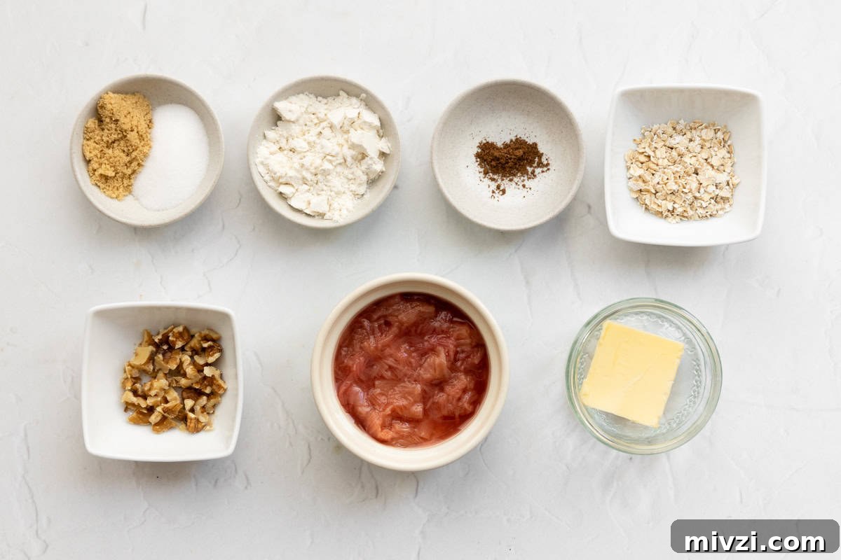 Ingredients for individual rhubarb crumbles