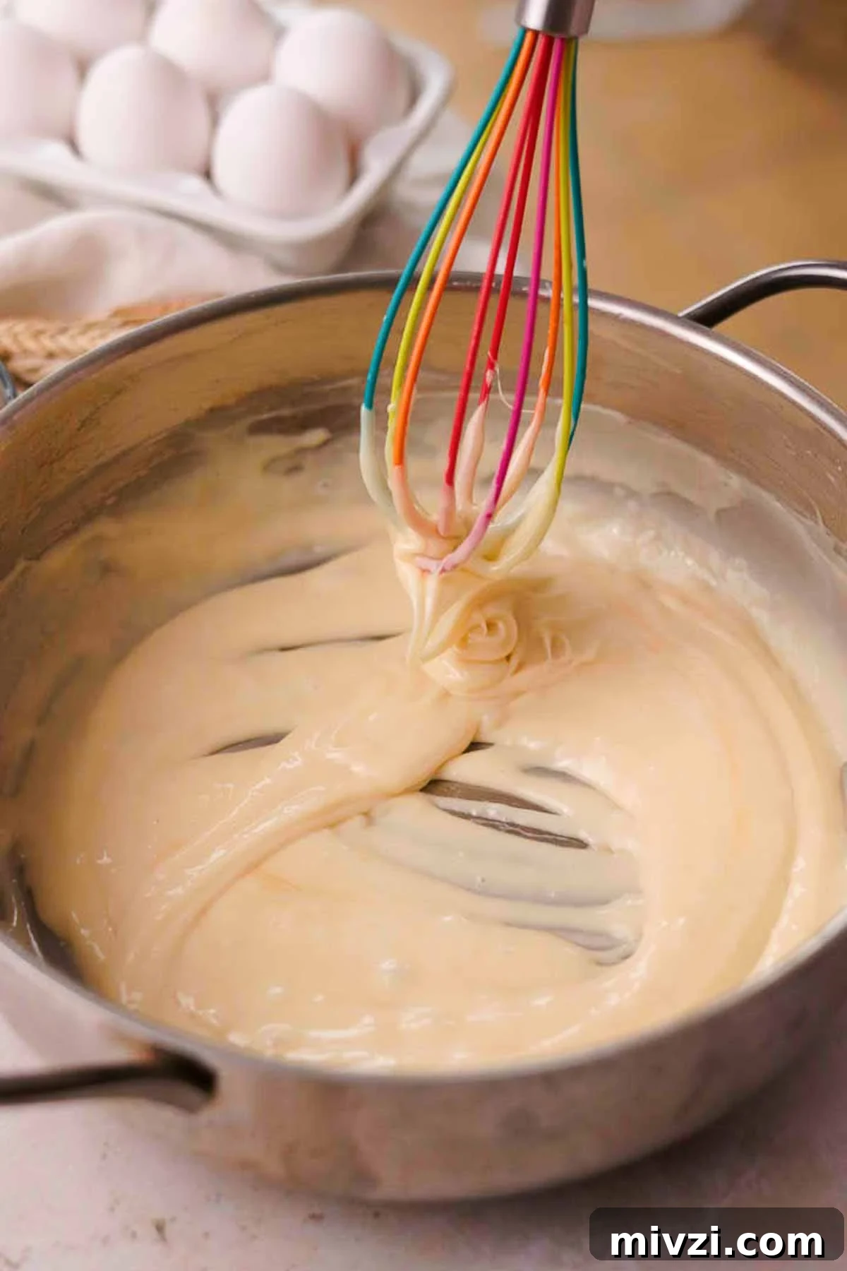 whisking no bake cookie mixture in a saucepan until smooth