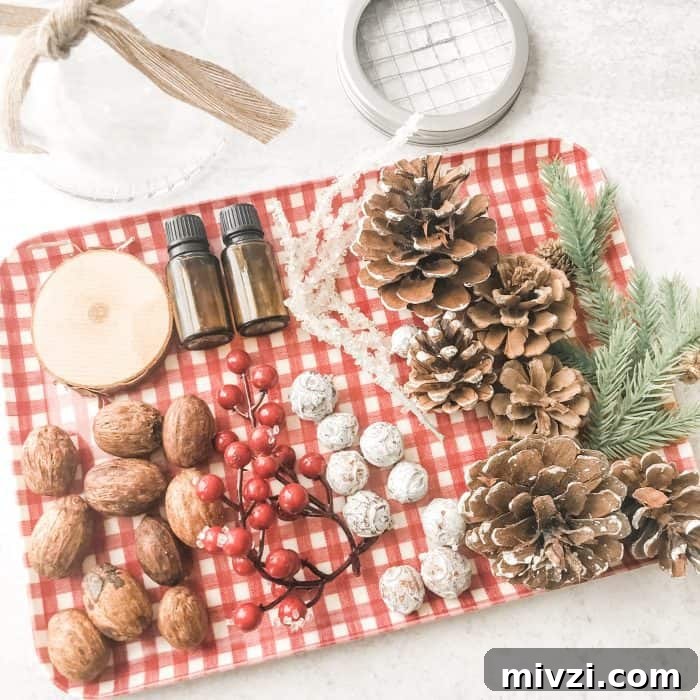 Christmas Potpourri Diffuser Ideas for Festive Home Fragrance 5 supplies to make CHristmas essential oil diffuser- pinecones, berries, springs of evergreen, wood slices, nuts