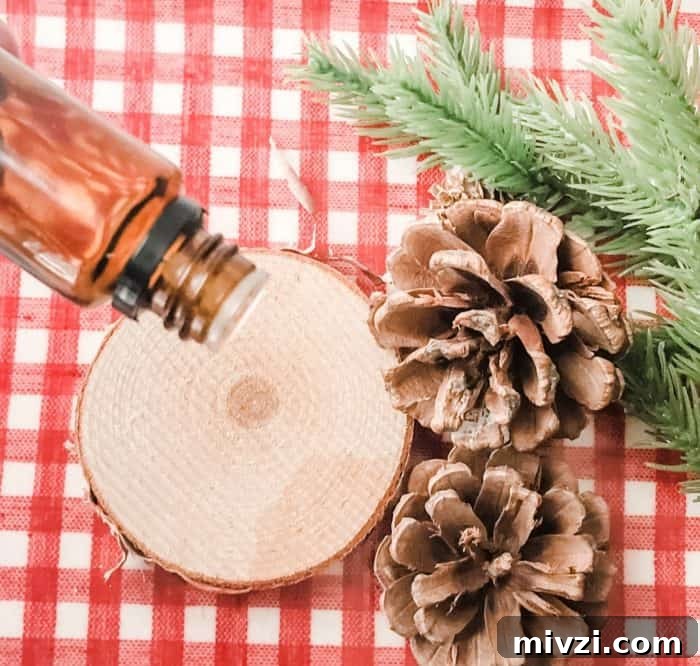 Christmas Potpourri Diffuser Ideas for Festive Home Fragrance 6 essential oil being added to wood slice for Christmas potpourri