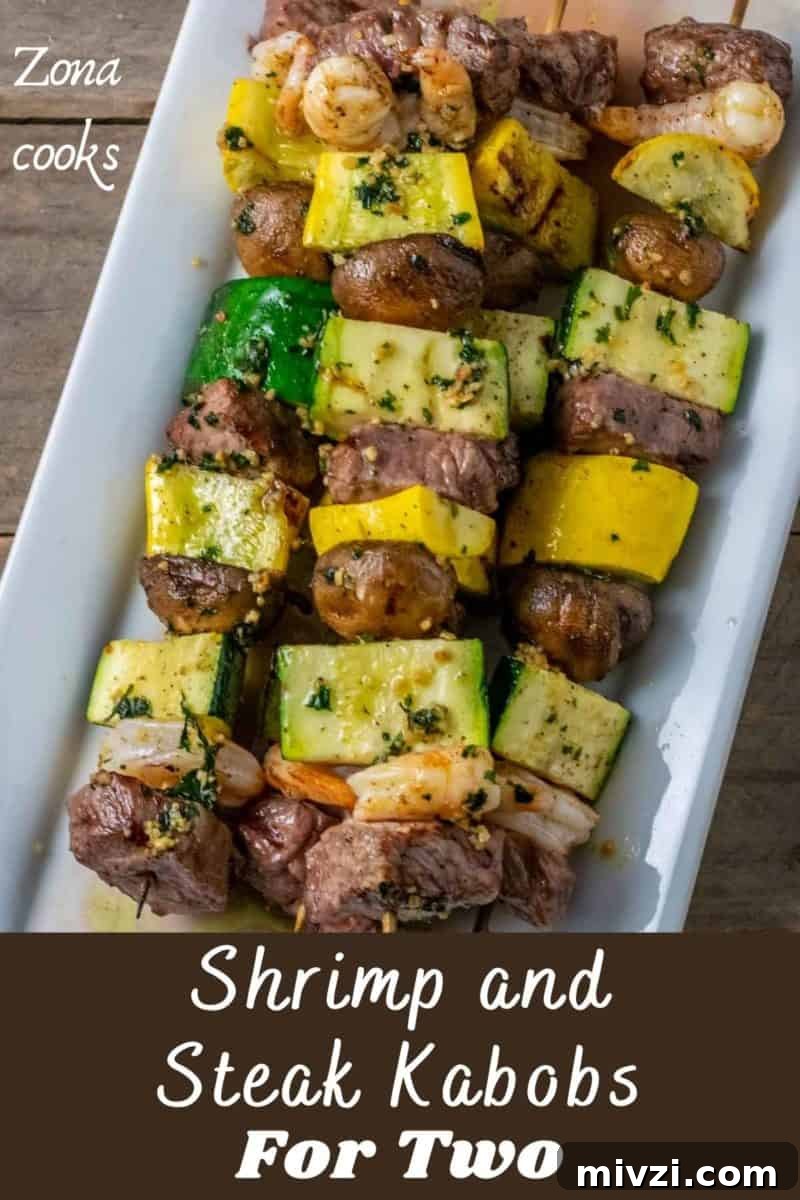 Surf and Turf Shrimp & Steak Kabobs Recipe for Grilling 11 Shrimp and Steak Skewers on a plate.