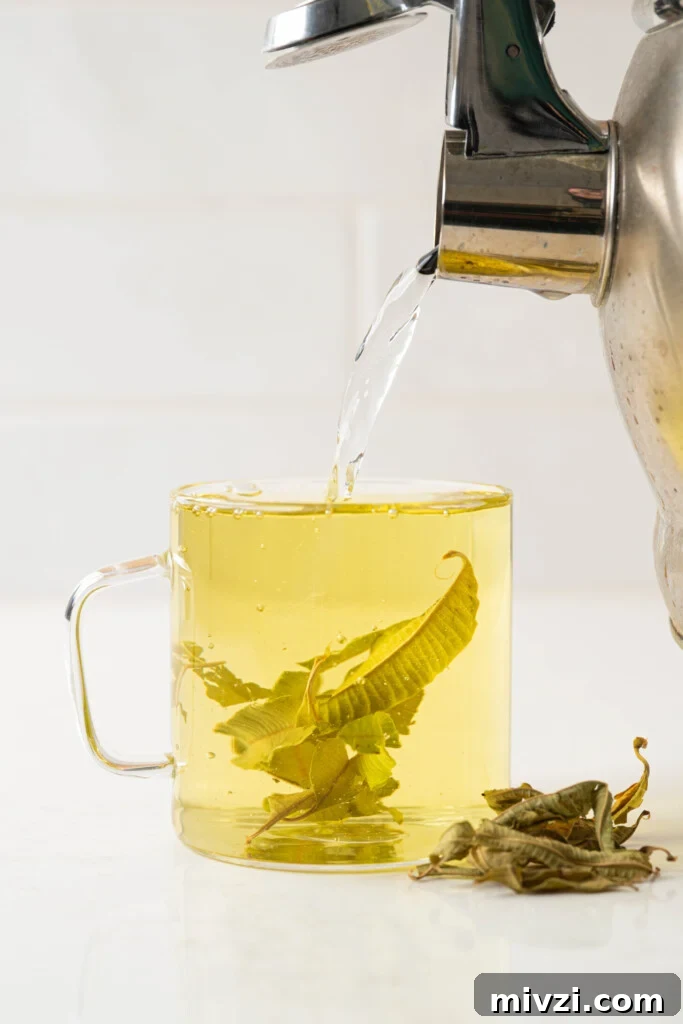 water pouring into a mug of verbena leaves