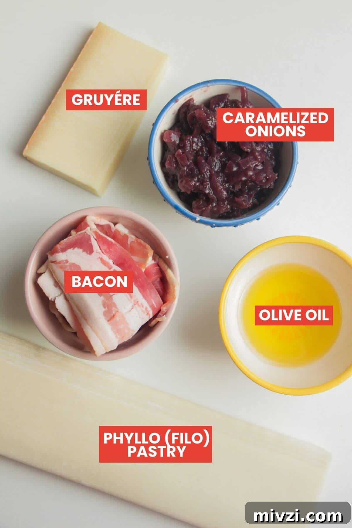 Ingredients for caramelized onion cups laid out and labelled.