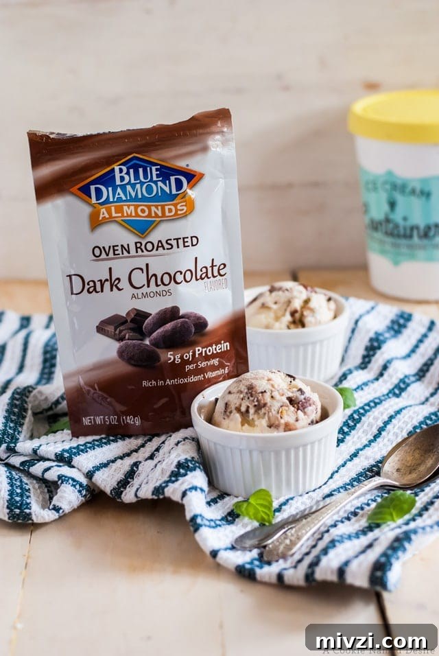 dark chocolate almonds help make this mint chocolate chip gelato unforgettable
