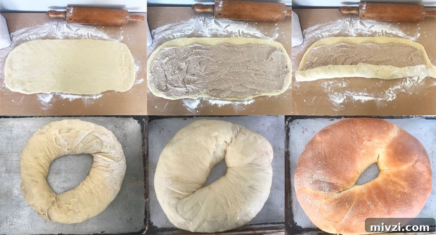Authentic Mardi Gras King Cake Recipe: Traditional New Orleans Flavor 4 king cake dough progression, filling inside, rolled up, shaped into ring, and left to rise