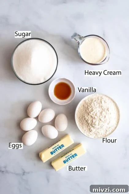 Labeled ingredients for easy pound cake recipe.