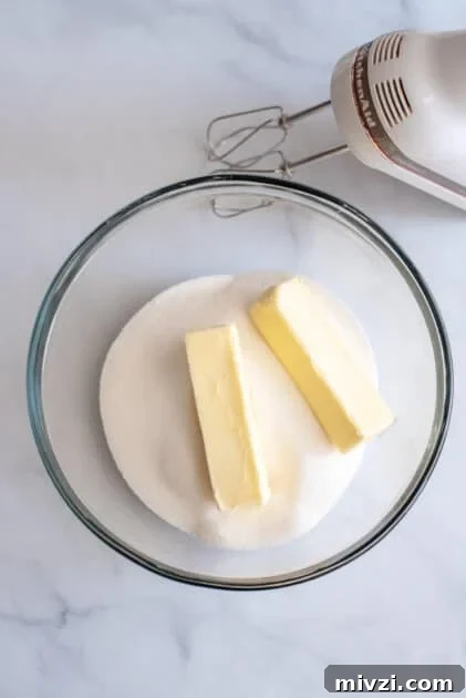 Cream butter and sugar in large bowl.