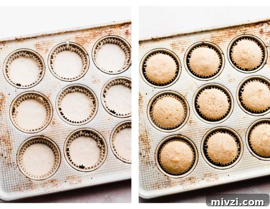 Peach Cupcakes with Cinnamon Cream Cheese Frosting — Summer Dessert Recipe 6 Cupcake batter in tins and baked cupcakes.