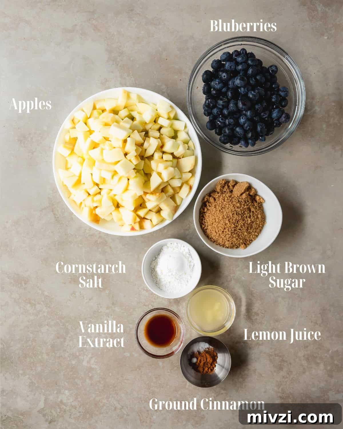 Apple Blueberry Crisp Recipe with Oat Topping 4 Apple Blueberry Filling Gather fresh apples and blueberries, light brown sugar, cornstarch, lemon juice, vanilla, salt and cinnamon.