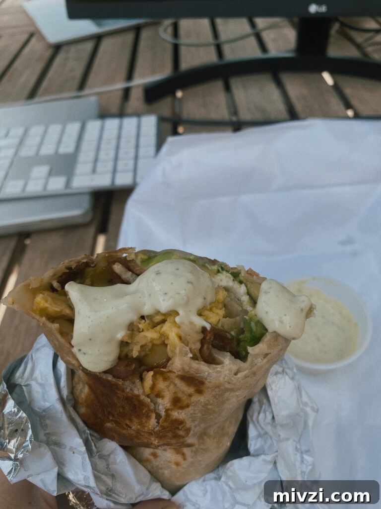 Skier’s Breakfast Burrito | Beaumont Bakery Special 4 Breakfast burrito with sauce