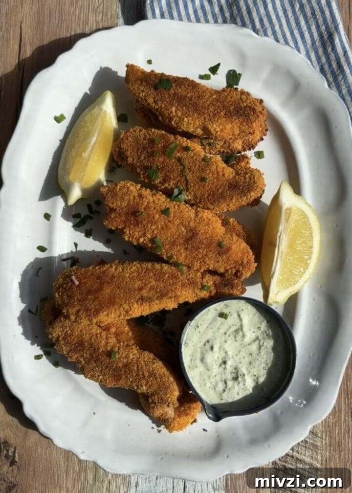 Protein-Packed Baked Chicken Fingers for Muscle Growth 2 baked chicken fingers on a white platter with dip and lemon wedges around it