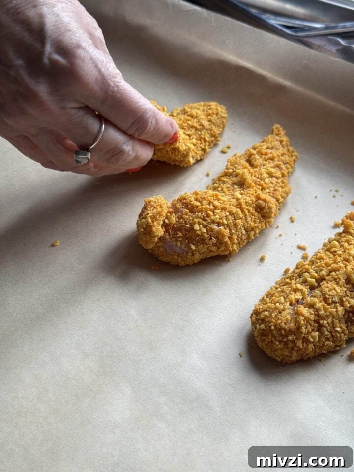 Protein-Packed Baked Chicken Fingers for Muscle Growth 6 teri placing breading chicken fingers on a baking sheet