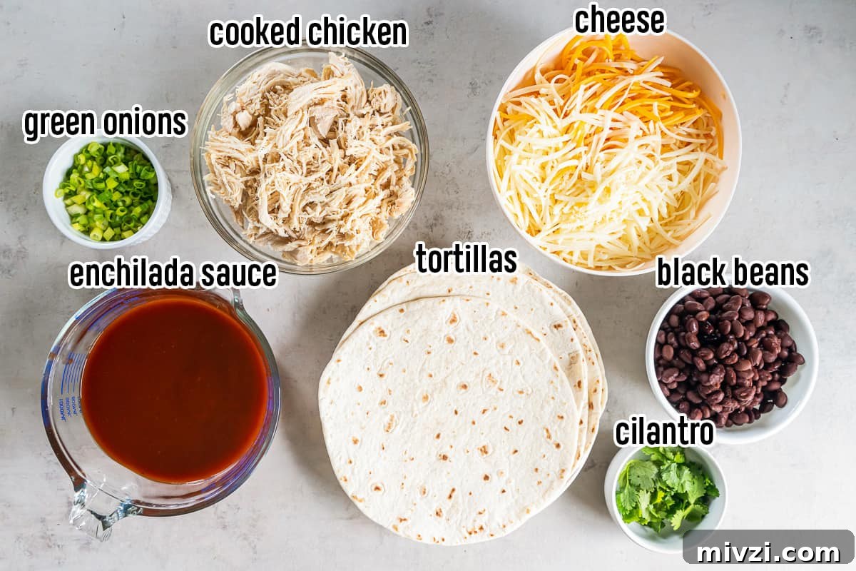 Cooked chicken, shredded cheese, enchilada sauce and other ingredients in bowls with text.