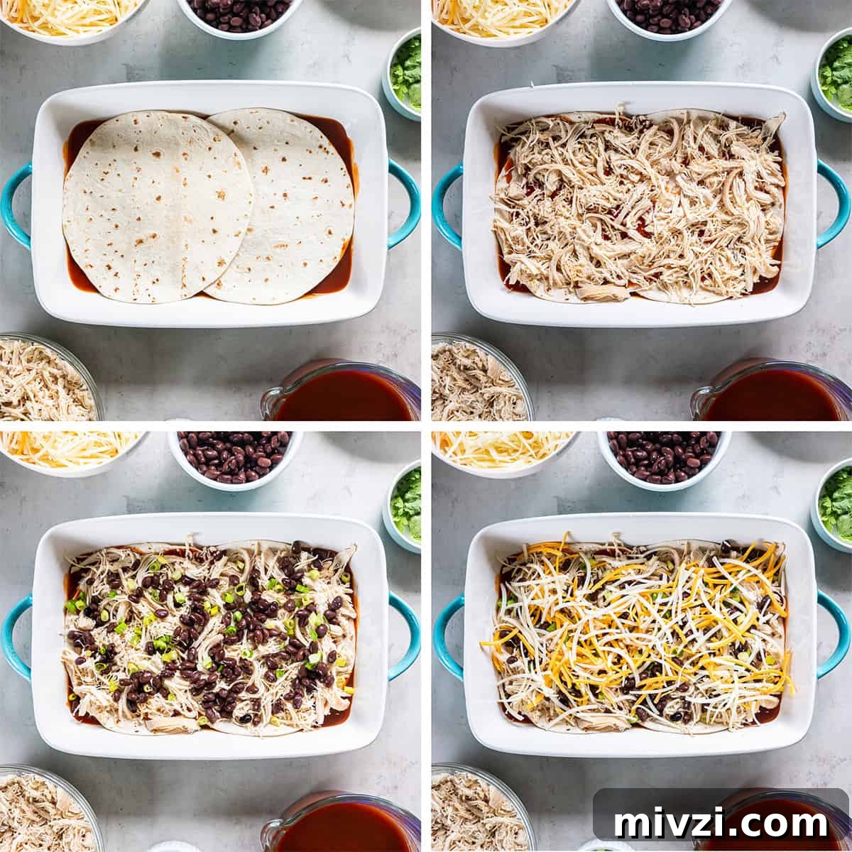 Four images of tortillas, enchilada sauce, chicken, cheese, and beans being layered in a baking dish.