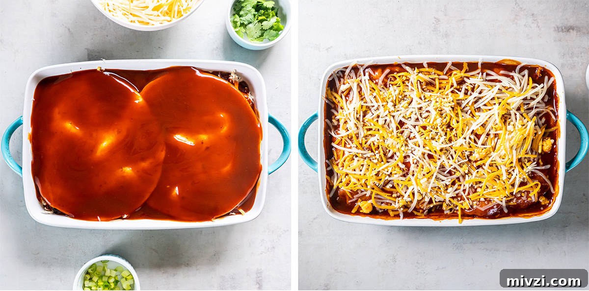 Two images of chicken enchilada casserole topped with red enchilada sauce and cheese in a baking dish.