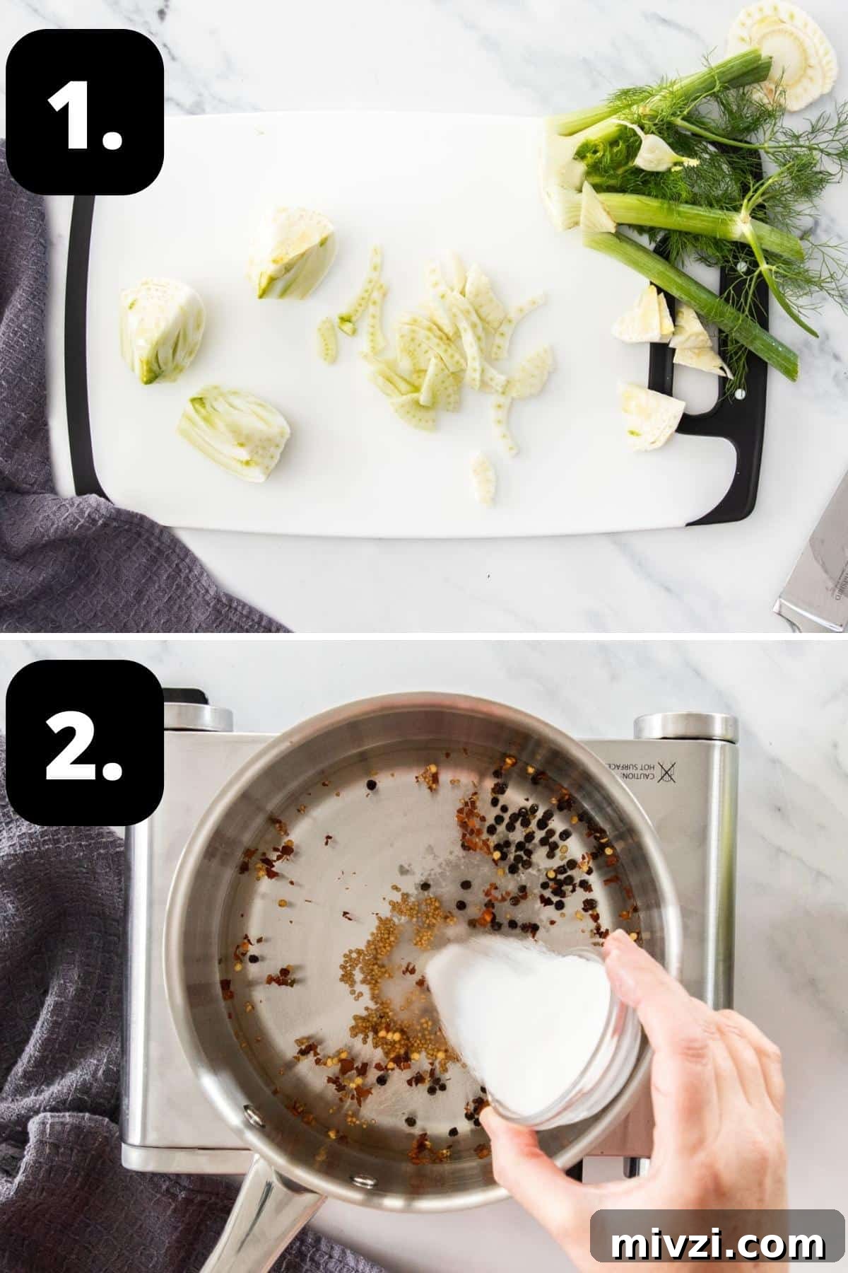 Steps 1-2 of preparing this recipe - cutting up the fennel into small pieces and preparing the pickling liquid.