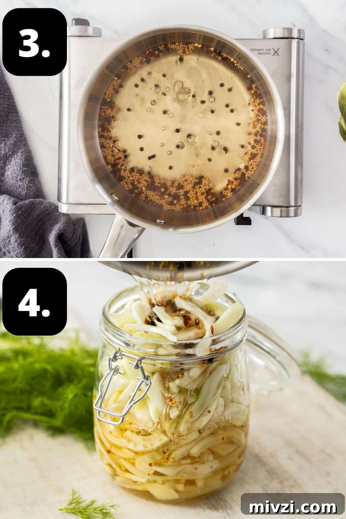 Steps 3-4 of preparing this recipe - the cooked pickling liquid in the saucepan and adding it to the jar with the fennel.