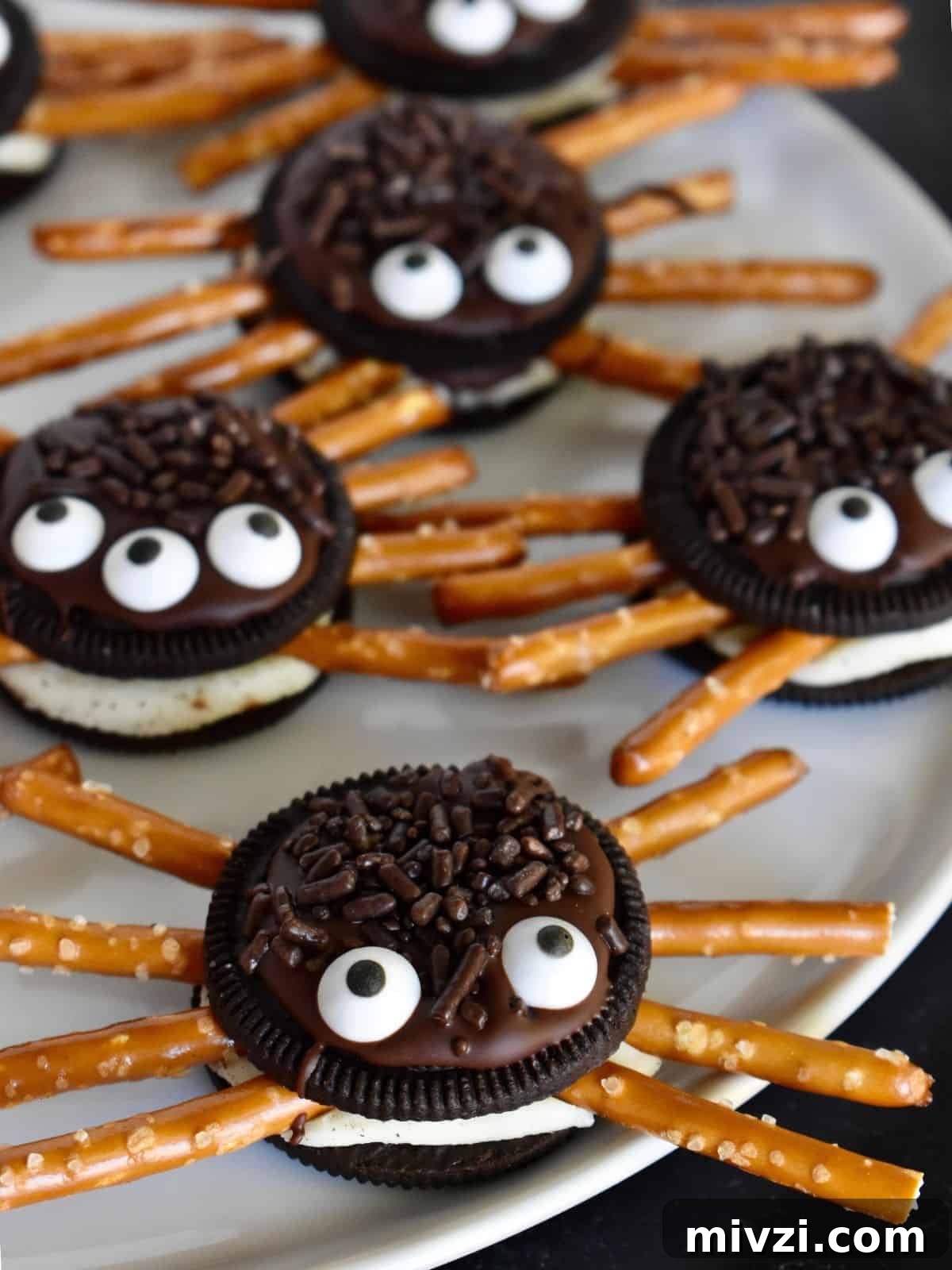Oreo Spider Cookies: Fun Halloween Treat Recipe 2 Oreo Cookie Spiders with pretzel legs on a white plate.