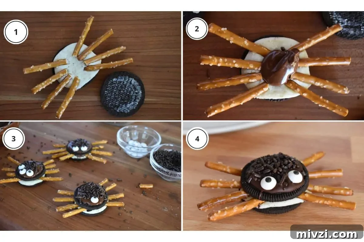 Oreo Spider Cookies: Fun Halloween Treat Recipe 5 Process shots showing how to make recipe including opening it and placing the pretzel rods inside.